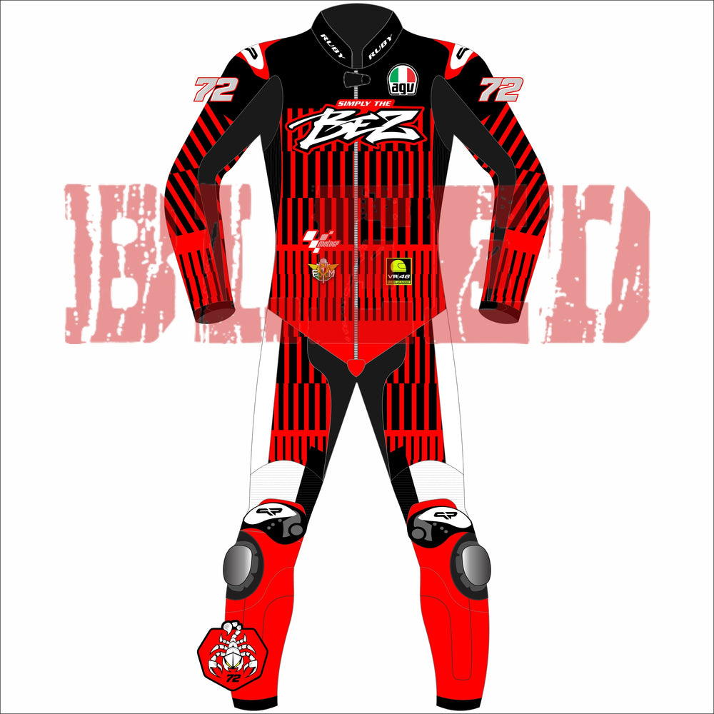 Front-facing view of the Marco Bezzecchi 2025 MotoGP Racing Suit, highlighting vivid red and black striped patterns, sponsor logos, and the number 72.