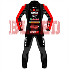 Back view of the 2024 Maverick Viñales Aprilia Racing suit design for British GP featuring a black, red, and white color scheme with prominent sponsor logos like Aprilia, Sky, Michelin. The suit showcases detailed graphics on the legs and arms, personalized for Maverick Viñales.