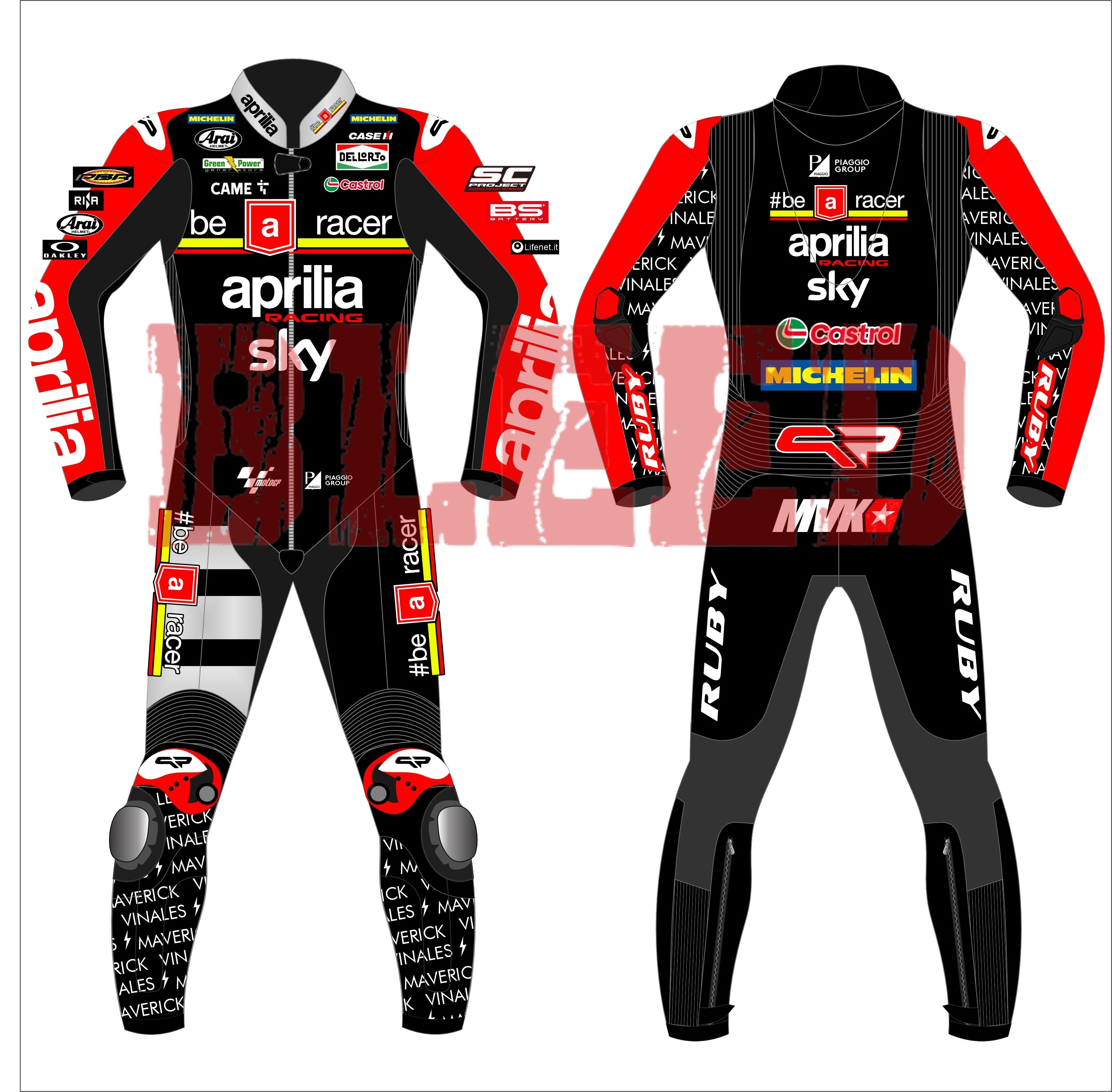 Front and back view of the 2024 Maverick Viñales Aprilia Racing suit design for British GP featuring a black, red, and white color scheme with prominent sponsor logos like Aprilia, Sky, Michelin. The suit showcases detailed graphics on the legs and arms, personalized for Maverick Viñales.