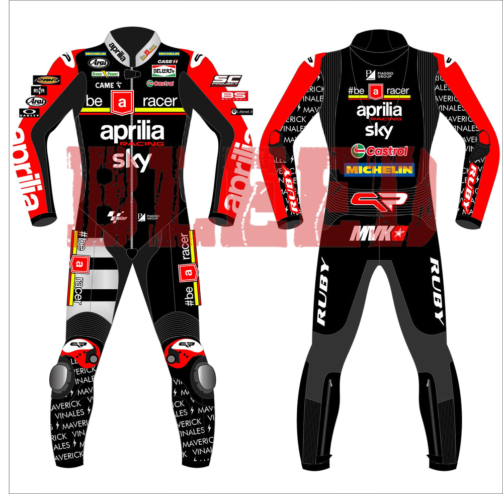 Front and back view of the 2024 Maverick Viñales Aprilia Racing suit design for British GP featuring a black, red, and white color scheme with prominent sponsor logos like Aprilia, Sky, Michelin. The suit showcases detailed graphics on the legs and arms, personalized for Maverick Viñales.