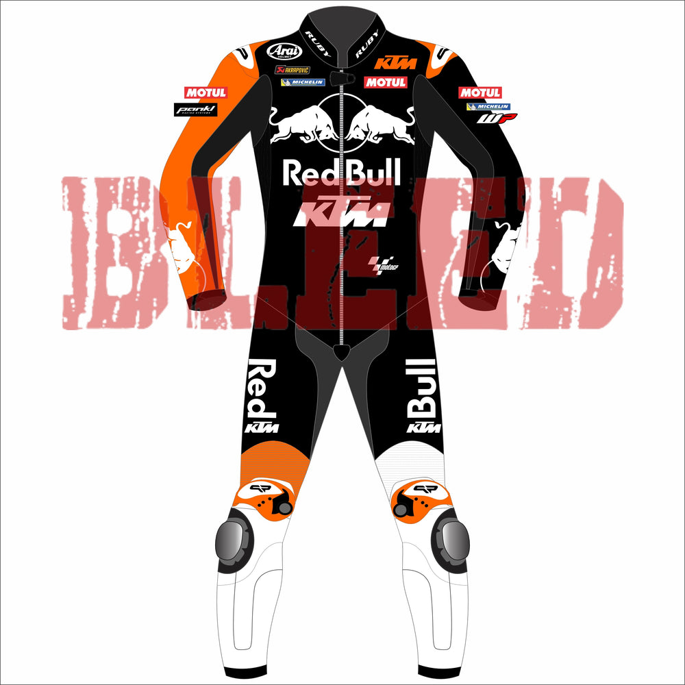 Front view of Maverick Viñales 2025 Barcelona Winter Test MotoGP Racing Suit, highlighting bold red and orange graphics with protective knee sliders.