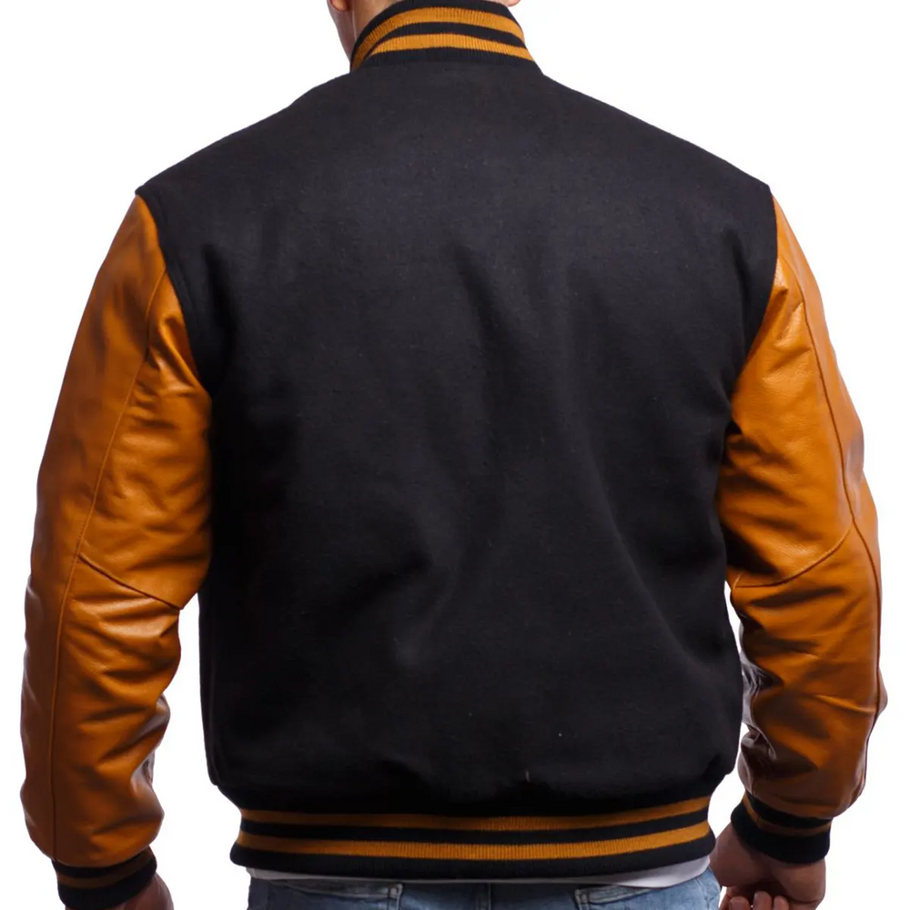 Mens Black Brown Varsity Jacket Back