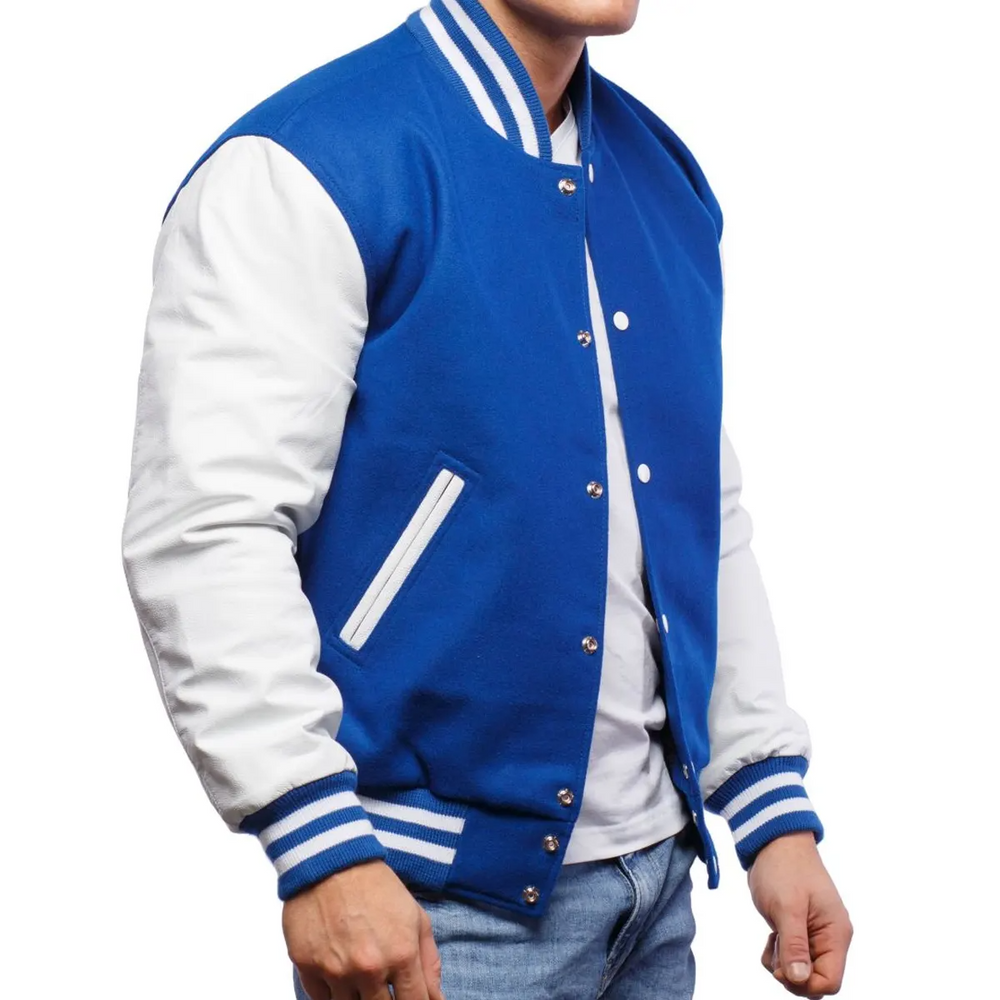 Mens Blue White Varsity Jacket-Side View