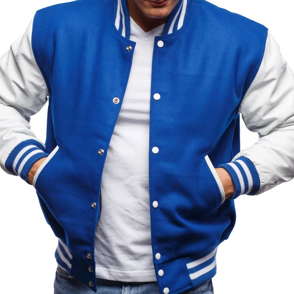 Mens Blue White Varsity Jacket-Front View-2