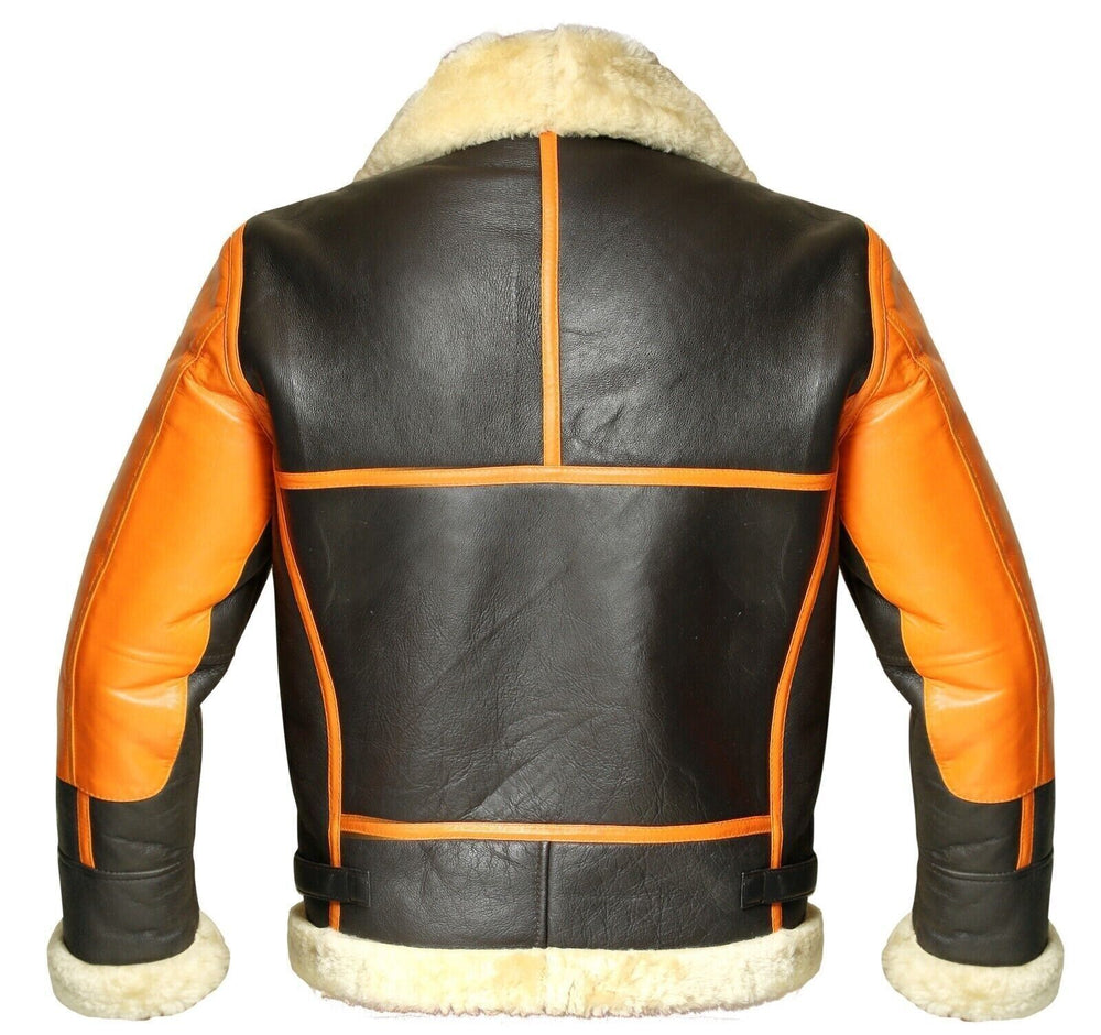 Mens Brown Orange Faux Fur Bomber With Collar Aviator Jacket Back