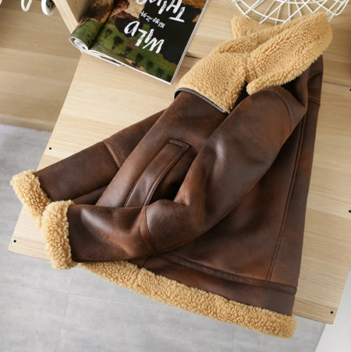 Mens Brown Shearling Aviator Jacket Sideways