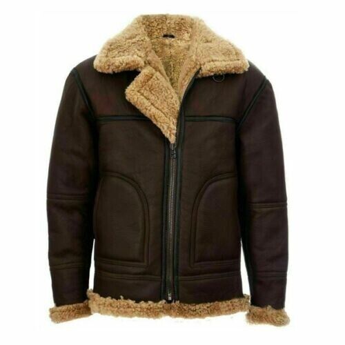 Mens Brown Leather Real Sheepskin Winter Aviator Jacket Front