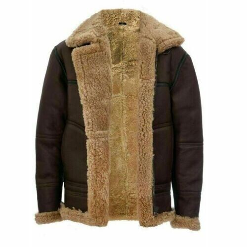 Mens Brown Leather Real Sheepskin Winter Aviator Jacket Front Open