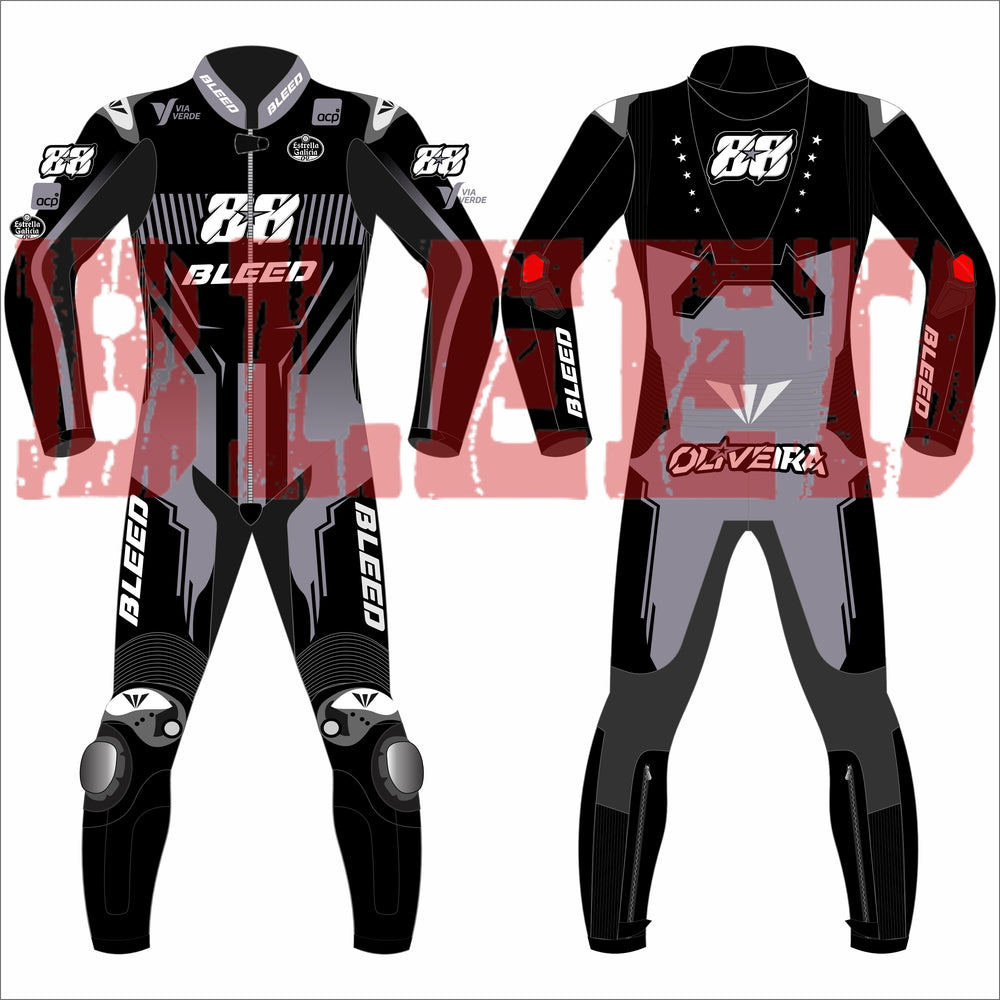 Front and back view of Miguel Oliveira’s 2025 MotoGP test race suit by Bleed, designed in a black, grey, and red theme with “88” branding, RUBY logos on arms and legs, and “Oliveira” on the lower back—featuring aerodynamic paneling and race sponsor logos.