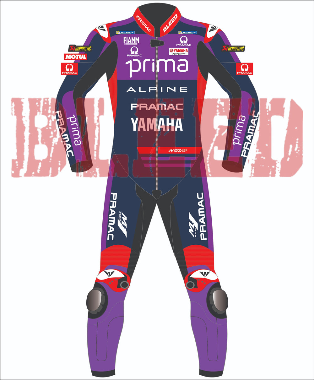 Front view of Miguel Oliveira’s MotoGP 2025 race suit in Yamaha Prima colors, detailed with Alpine, Pramac, and BLEED logos, and purple knee sliders on a dark blue and red base