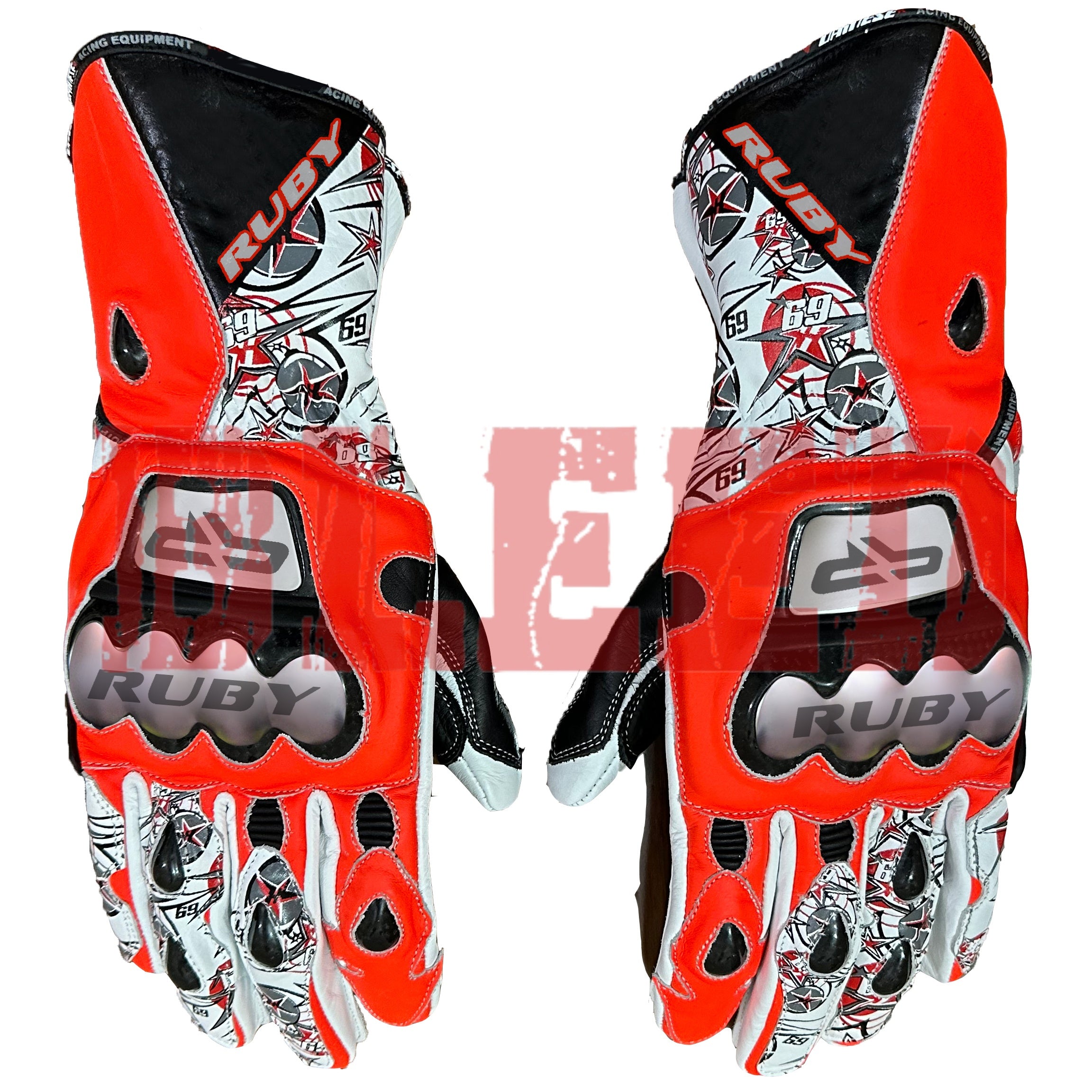 Nicky Hayden MotoGP racing leather gloves in striking red, black, and white with star and number 69 graphics, this motorcycle gloves features reinforced knuckle protection and ergonomic design for high-performance motorcycle riding.