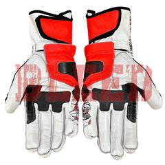 Palm view of Nicky Hayden MotoGP racing gloves in red, black, and white leather, showcasing reinforced palm padding, secure wrist closure, and ergonomic design for enhanced comfort and grip during high-speed racing.