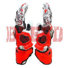 Side view of Nicky Hayden motorbike racing gloves featuring bold red, black, and white leather design with star and number 69 graphics, integrated knuckle protection, and reinforced wrist support for optimal safety and performance.