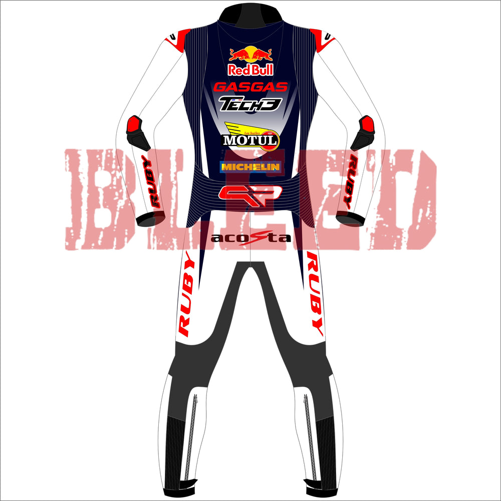 Back view of the Pedro Acosta Red Bull Gasgas racing suit for the 2024 British GP. The suit is predominantly white with black and red details, featuring logos from sponsors like Red Bull, GASGAS, Motul, Michelin, and Tech3. The design includes protective knee and elbow sliders, with the rider's initials 'acosta' displayed on the back.