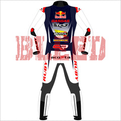 Back view of the Pedro Acosta Red Bull Gasgas racing suit for the 2024 British GP. The suit is predominantly white with black and red details, featuring logos from sponsors like Red Bull, GASGAS, Motul, Michelin, and Tech3. The design includes protective knee and elbow sliders, with the rider's initials 'acosta' displayed on the back.