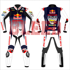 Front and back view of the Pedro Acosta Red Bull Gasgas racing suit for the 2024 British GP. The suit is predominantly white with black and red details, featuring logos from sponsors like Red Bull, GASGAS, Motul, Michelin, and Tech3. The design includes protective knee and elbow sliders, with the rider's initials 'acosta' displayed on the back.