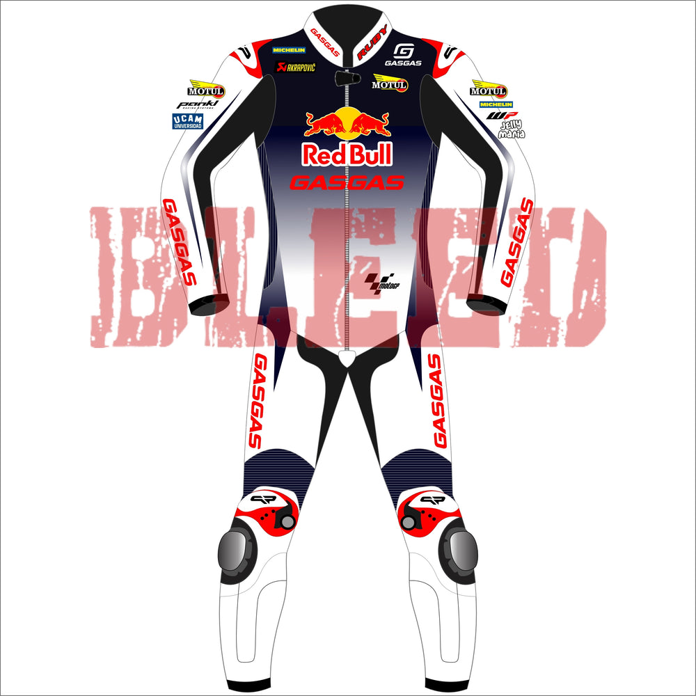 Front view of the Pedro Acosta Red Bull Gasgas racing suit for the 2024 British GP. The suit is predominantly white with black and red details, featuring logos from sponsors like Red Bull, GASGAS, Motul, Michelin, and Tech3. The design includes protective knee and elbow sliders, with the rider's initials 'acosta' displayed on the back.