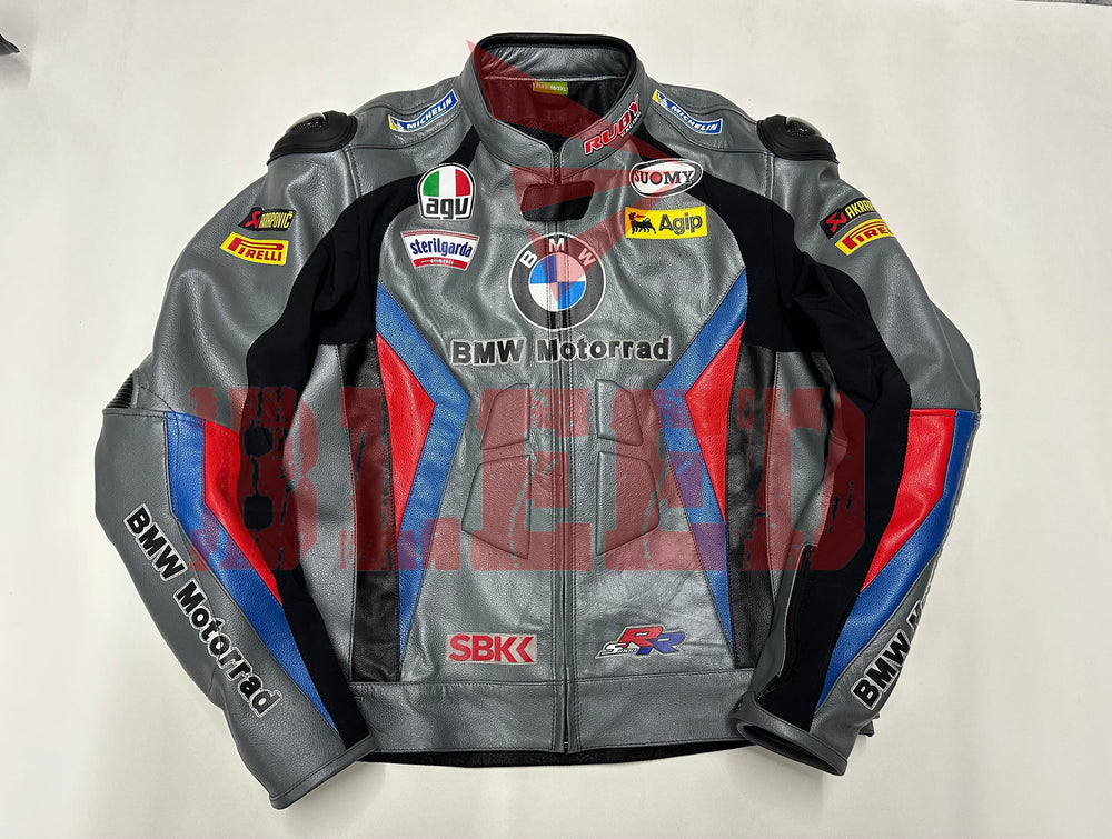 Front view of the BMW Motorrad Racing Motorcycle Jacket in gray with black, blue, and red detailing. The jacket displays prominent sponsor logos and is crafted from premium leather, ideal for motorbike riders seeking style and protection