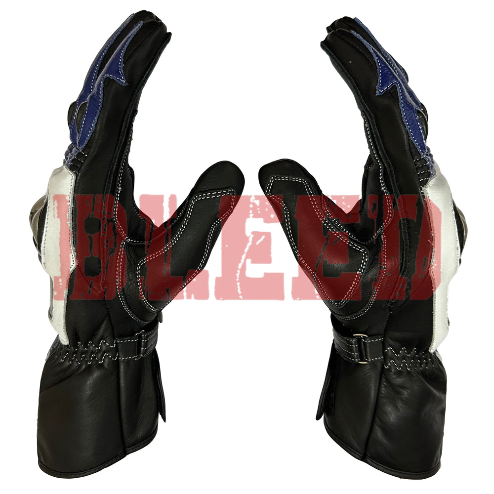 Yamaha motorcycle gloves, back view, highlighting the adjustable wrist strap and fingertip reinforcement.