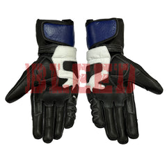 Yamaha Black and white leather motorcycle racing gloves with white and blue accents. The gloves feature a long gauntlet-style cuff, reinforced knuckles, and a textured palm.