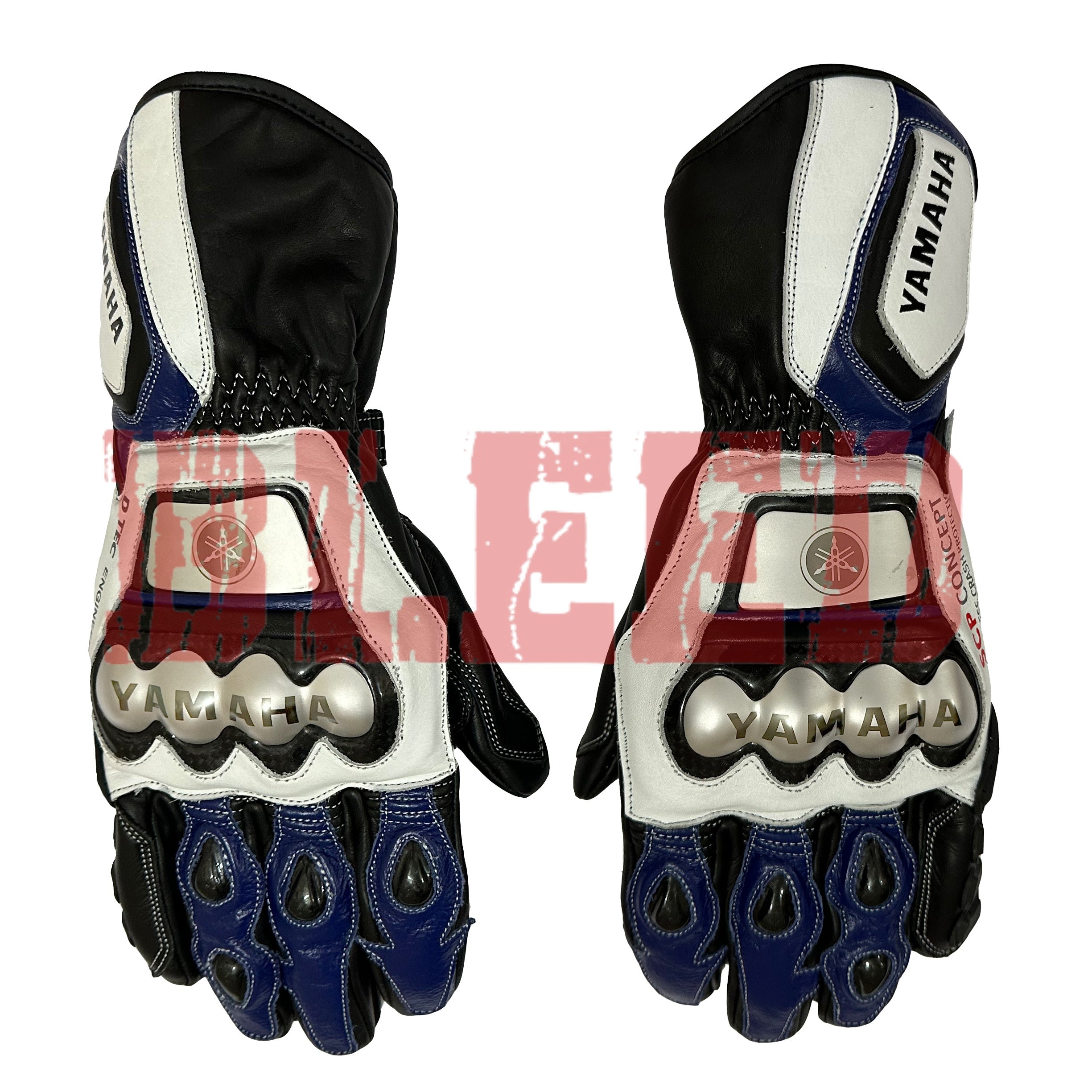 Yamaha Black and white motorcycle Leather Gloves with blue accents, featuring a protective knuckle guard and Yamaha branding