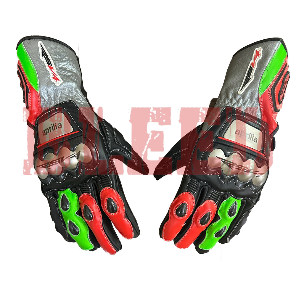 Front view of Aprilia racing motorbike gloves featuring reinforced knuckle protection and vibrant red and green accents by BLEED