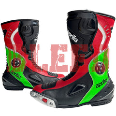 Front view of Aprilia RSV4 men motorbike leather boots showing red, green, and black panels with reinforced shin and toe protection for motorcycle riders.