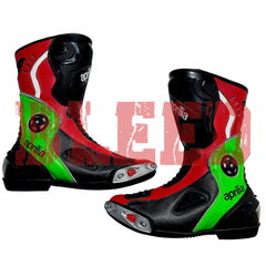 Pair of red, black, and green motorcycle boots with 'Aprilia' branding on a white background.