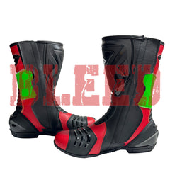 Angled view of Aprilia RSV4 motorbike leather boots pair showing sporty red-green finish, racing sliders, and anti-slip soles for maximum grip and comfort.