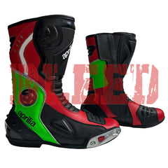 Side view of Aprilia RSV4 motorcycle boots highlighting aerodynamic design, ankle TPU protection, and breathable leather construction for professional riders.
