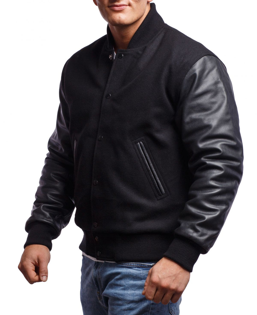 Mens Black Varsity Jacket-Front View