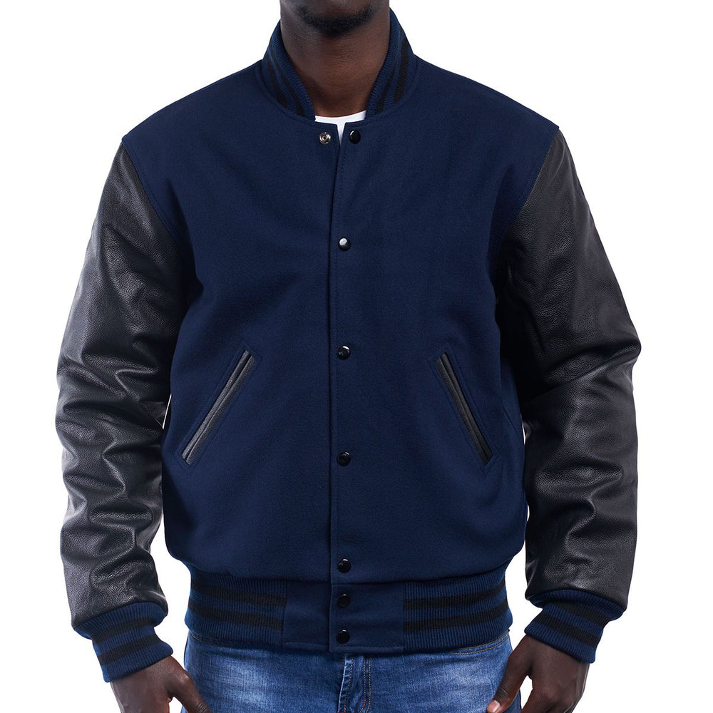 Mens Navy Blue Black Varsity Jacket