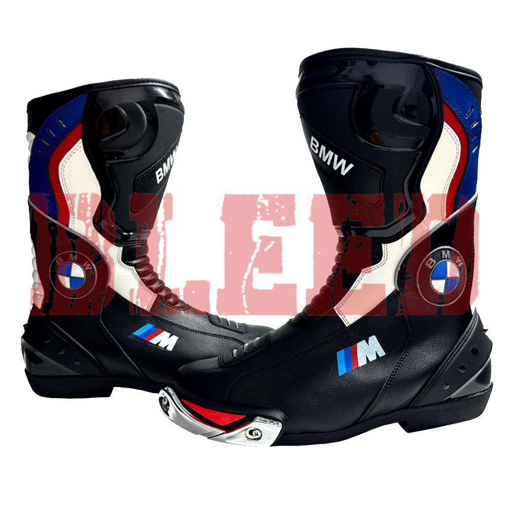 Pair of BMW Motorrad black and blue motorbike leather boots designed for track and street use with CE-certified armor and anti-slip rubber sole.