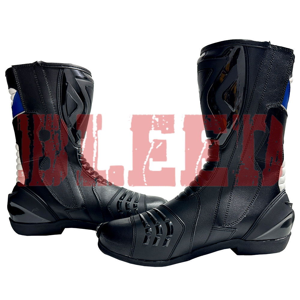 Rear view of BMW Motorrad motorcycle racing boots showing heel reinforcement, ventilation panels, and protective stretch zones for flexibility and comfort.