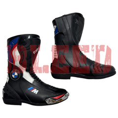 Side view of BMW Motorrad black and blue motorbike leather boots featuring aerodynamic design, ankle protection, and reinforced racing sole for riders.