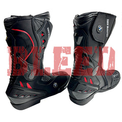 BMW Motorrad race boots in red and black design — premium motorcycle riding boots with CE-certified armor and durable dual rubber soles.