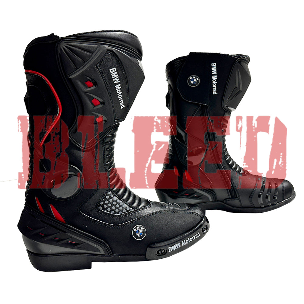 Angled pair view of BMW Motorrad red and black motorbike leather boots built for racing, showcasing anti-slip soles and breathable inner lining.