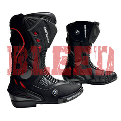 Angled pair view of BMW Motorrad red and black motorbike leather boots built for racing, showcasing anti-slip soles and breathable inner lining.