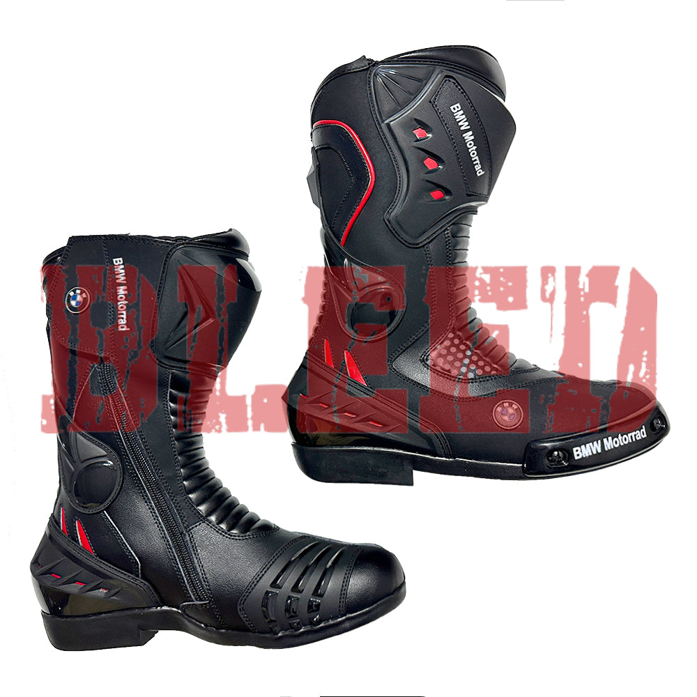 Rear view of BMW Motorrad red black motorbike boots highlighting heel reinforcement, reflective detailing, and high-grip outsole.