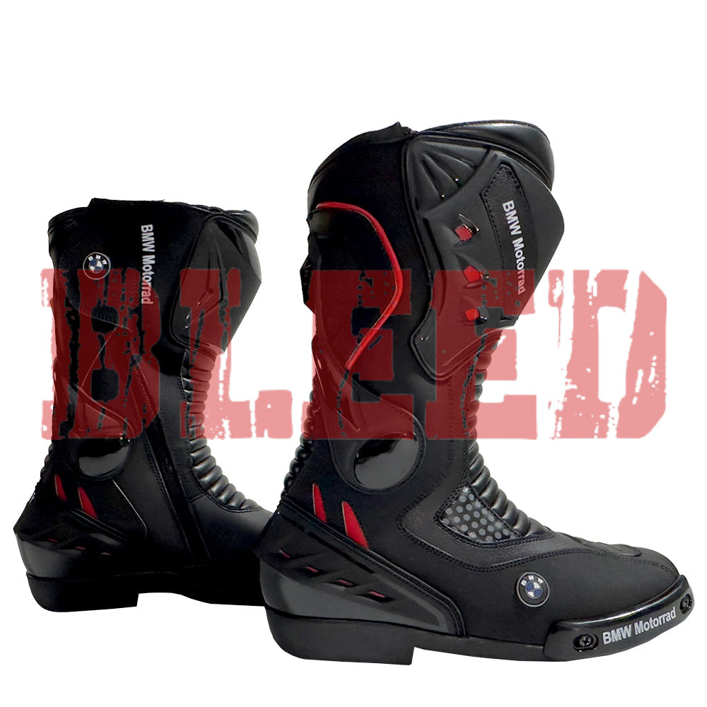 Side view of BMW Motorrad red and black race motorbike leather boots featuring aerodynamic protection, TPU ankle armor, and reinforced toe slider for riders.