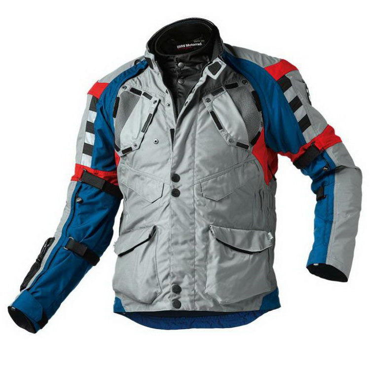 bmw rallye 3 pro motorcycle touring jacket grey blue red adventure riding gear front view