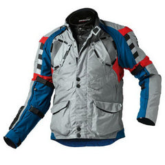 bmw rallye 3 pro motorcycle touring jacket grey blue red adventure riding gear front view