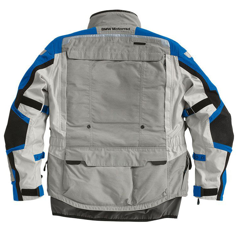 bmw rallye 3 touring motorcycle jacket grey blue back view touring riding gear