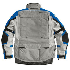 bmw rallye 3 touring motorcycle jacket grey blue back view touring riding gear