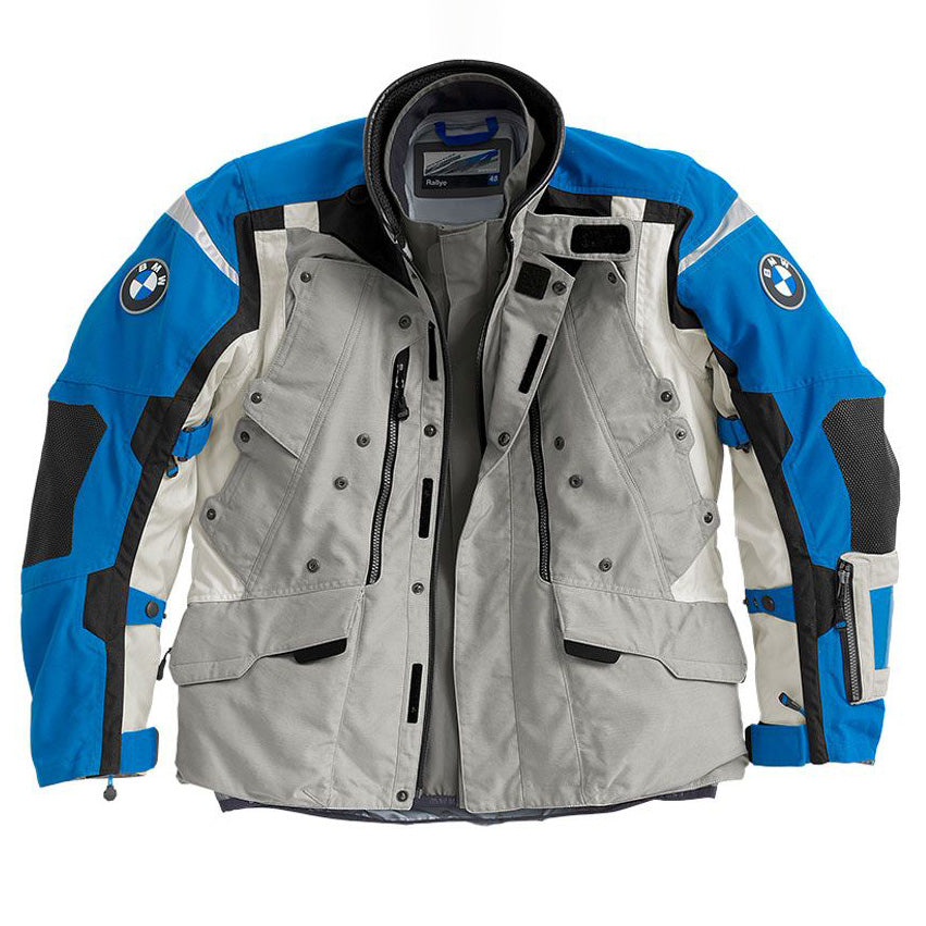 bmw rallye 3 touring motorcycle jacket grey blue front view adventure riding gear