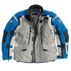 bmw rallye 3 touring motorcycle jacket grey blue front view adventure riding gear