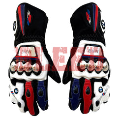 A pair of BMW S1000RR motorcycle racing gloves in black, white, red, and blue colors. The gloves feature protective knuckle guards, the BMW logo on the wrist, and 'BMW Motorrad' branding. The design includes accents in red and blue, with the gloves' sturdy build showcasing reinforced areas for enhanced safety during riding.