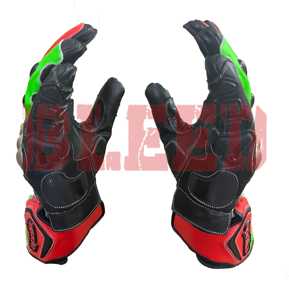 Top design of custom Aprilia MotoGP gloves showcasing carbon knuckle armor and dual-tone red-green finger detailing by BLEED