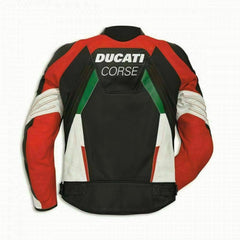 Back view of the Ducati Corse C3 Leather Motorcycle Jacket in black, red, and white with green accents. Features 'Ducati Corse' branding on the upper back, with reinforced stitching and ergonomic design for comfort and protection.