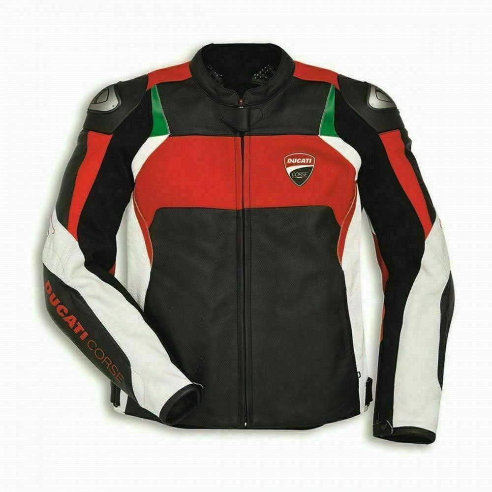 Front view of the Ducati Corse C3 Leather Motorcycle Jacket in black, red, and white with green accents. The jacket prominently displays the Ducati Corse logo on the chest and is crafted from premium leather, offering a stylish and protective design for motorcycle enthusiasts